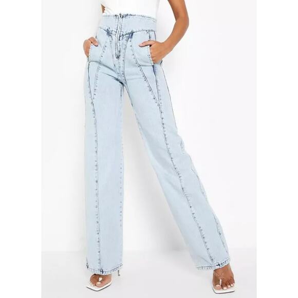 BooHoo NEW Acid Wash Corset Detail Wide Leg Jeans US 12 * flaw - Picture 1 of 12